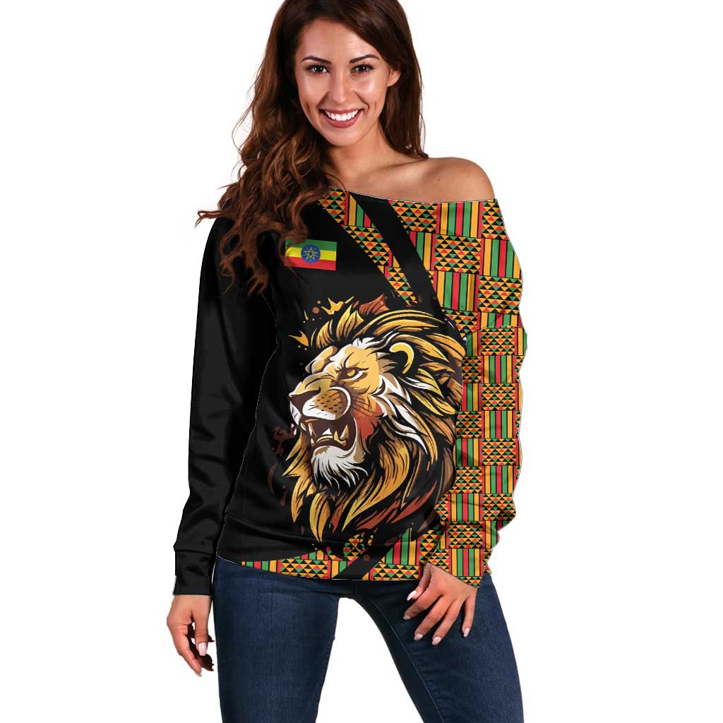 Ethiopia Off Shoulder Sweater Ethiopian Lion Style Pattern - Wonder Print Shop