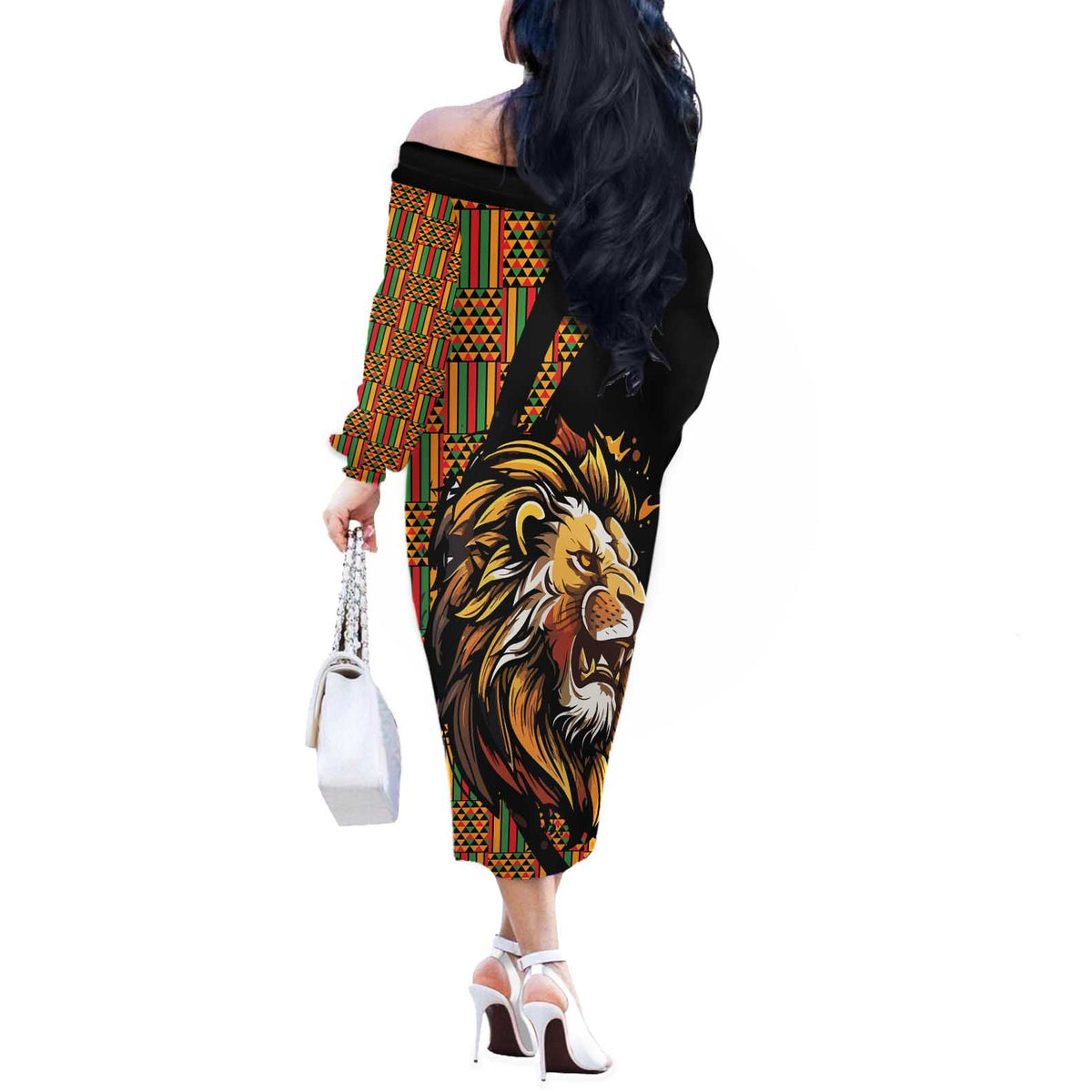 Ethiopia Off The Shoulder Long Sleeve Dress Ethiopian Lion Style Pattern - Wonder Print Shop
