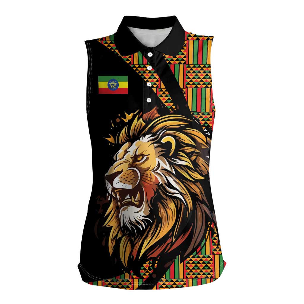 Ethiopia Women Sleeveless Polo Shirt Ethiopian Lion Style Pattern - Wonder Print Shop