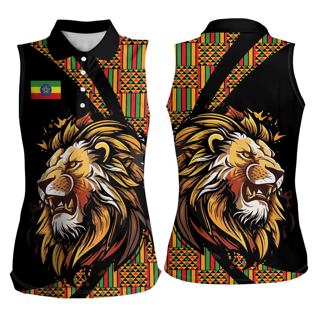 Ethiopia Women Sleeveless Polo Shirt Ethiopian Lion Style Pattern - Wonder Print Shop