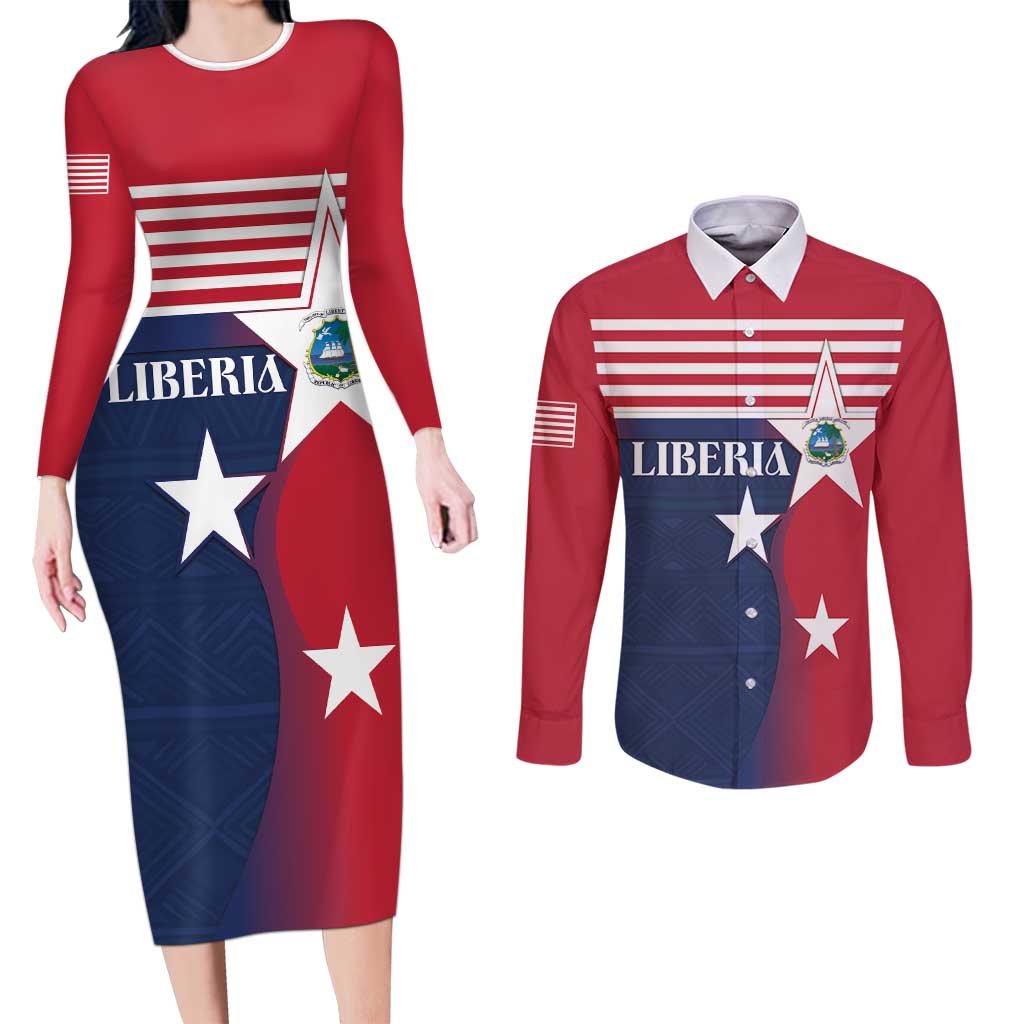 Liberia National Flag Day Couples Matching Long Sleeve Bodycon Dress and Long Sleeve Button Shirt All Hail Liberia Hail