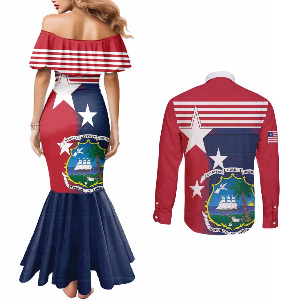 Liberia National Flag Day Couples Matching Mermaid Dress and Long Sleeve Button Shirt All Hail Liberia Hail