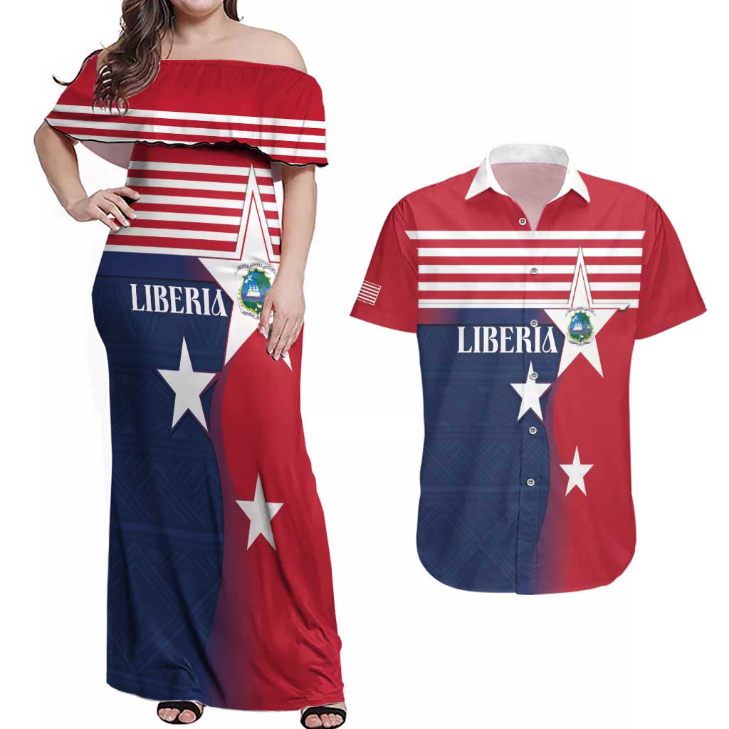 Liberia National Flag Day Couples Matching Off Shoulder Maxi Dress and Hawaiian Shirt All Hail Liberia Hail