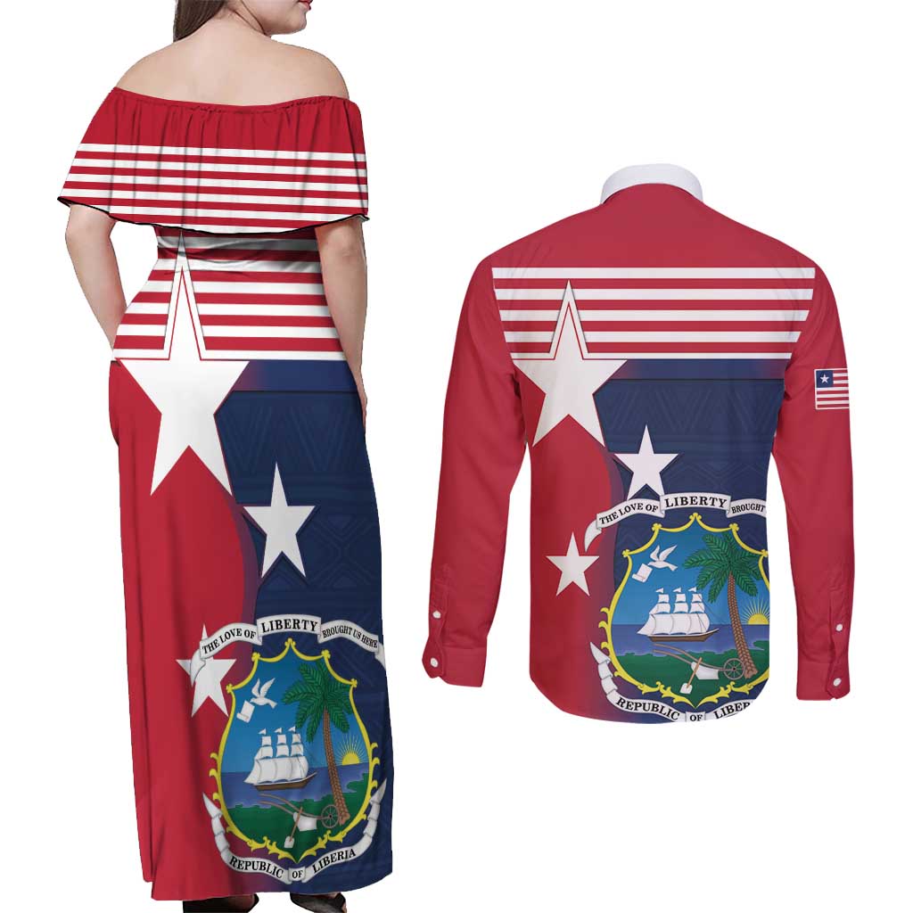 Liberia National Flag Day Couples Matching Off Shoulder Maxi Dress and Long Sleeve Button Shirt All Hail Liberia Hail