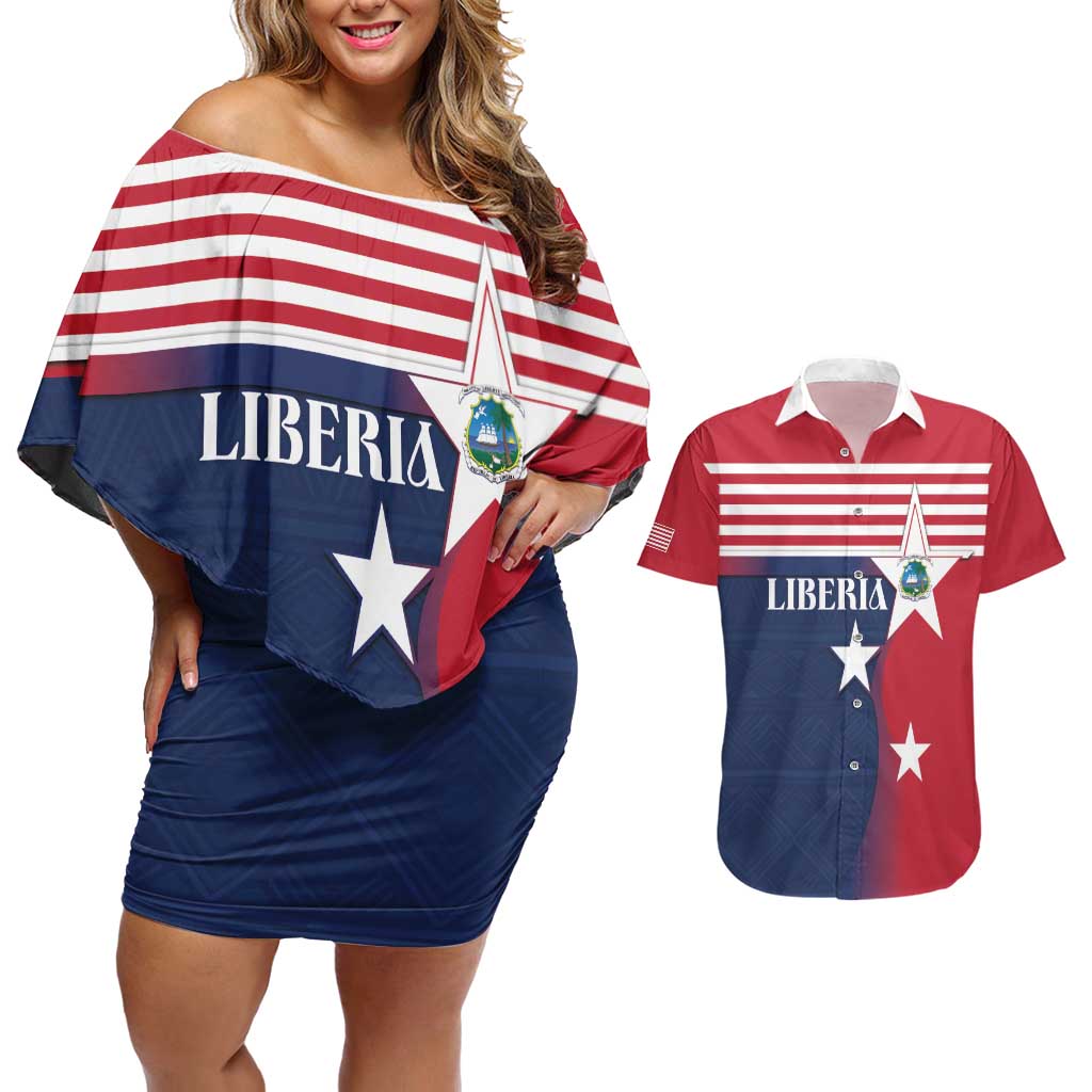 Liberia National Flag Day Couples Matching Off Shoulder Short Dress and Hawaiian Shirt All Hail Liberia Hail