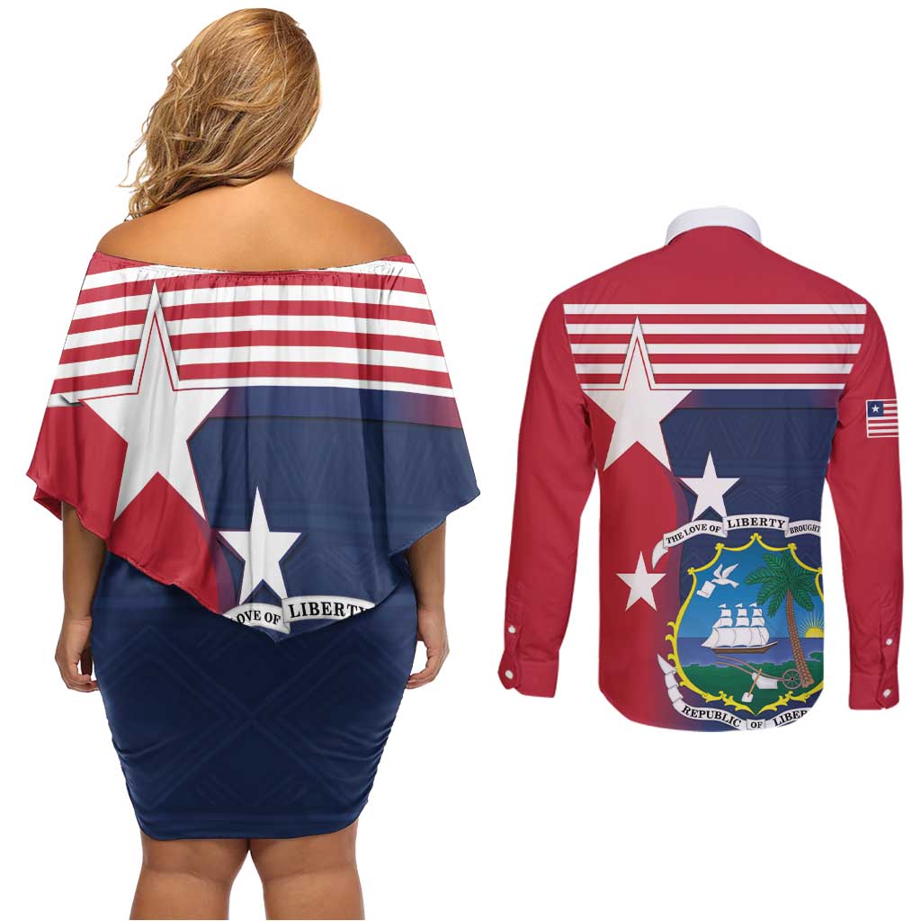 Liberia National Flag Day Couples Matching Off Shoulder Short Dress and Long Sleeve Button Shirt All Hail Liberia Hail