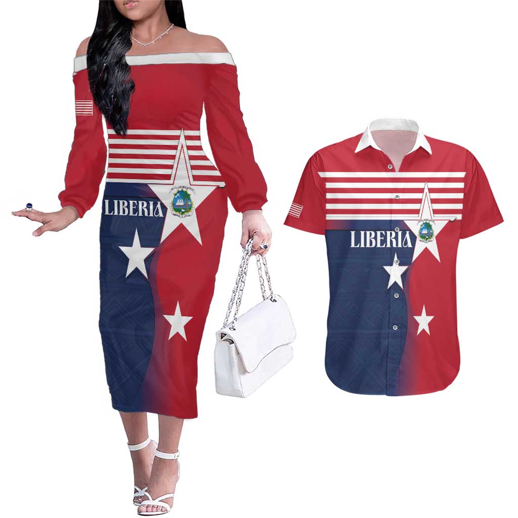 Liberia National Flag Day Couples Matching Off The Shoulder Long Sleeve Dress and Hawaiian Shirt All Hail Liberia Hail