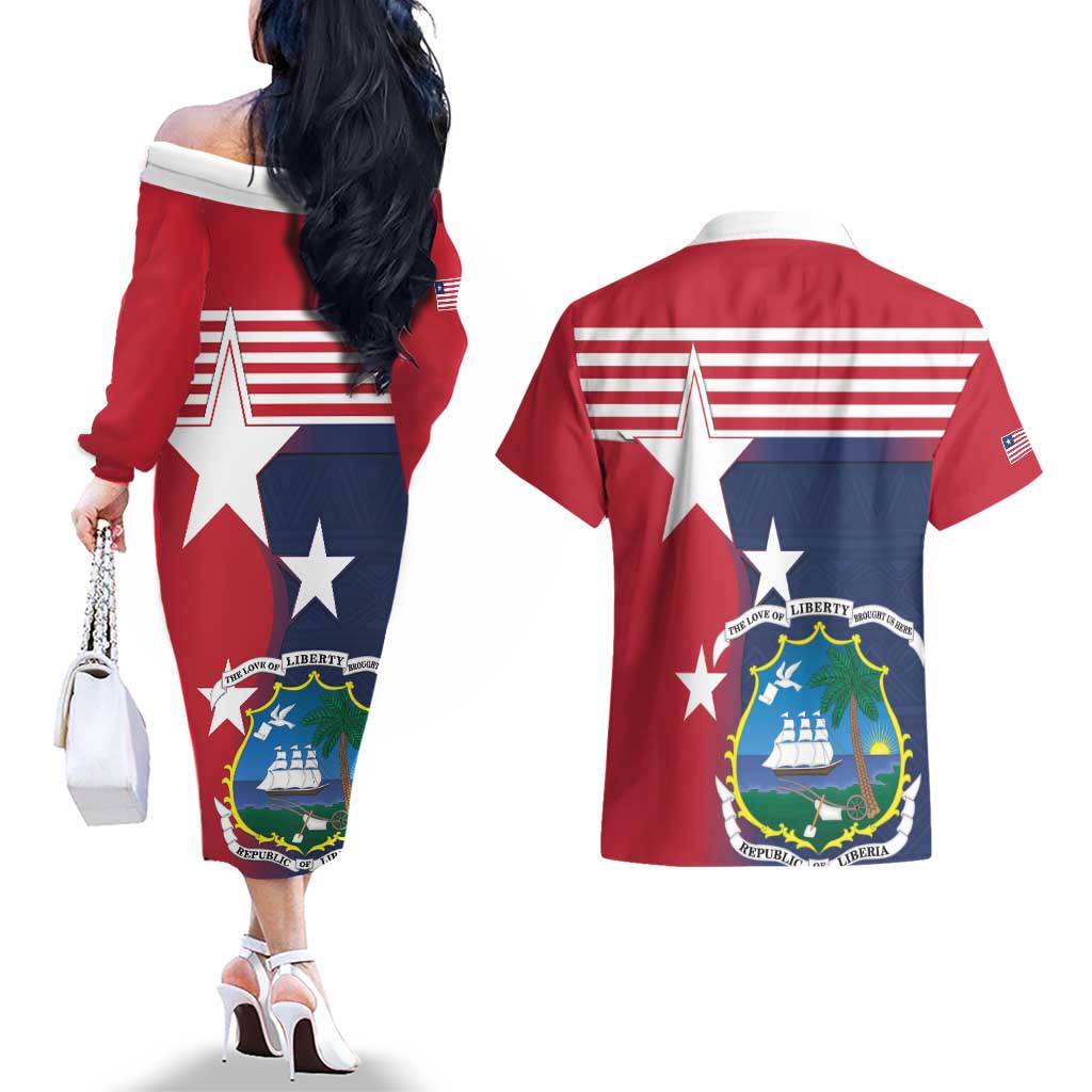 Liberia National Flag Day Couples Matching Off The Shoulder Long Sleeve Dress and Hawaiian Shirt All Hail Liberia Hail