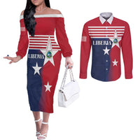 Liberia National Flag Day Couples Matching Off The Shoulder Long Sleeve Dress and Long Sleeve Button Shirt All Hail Liberia Hail