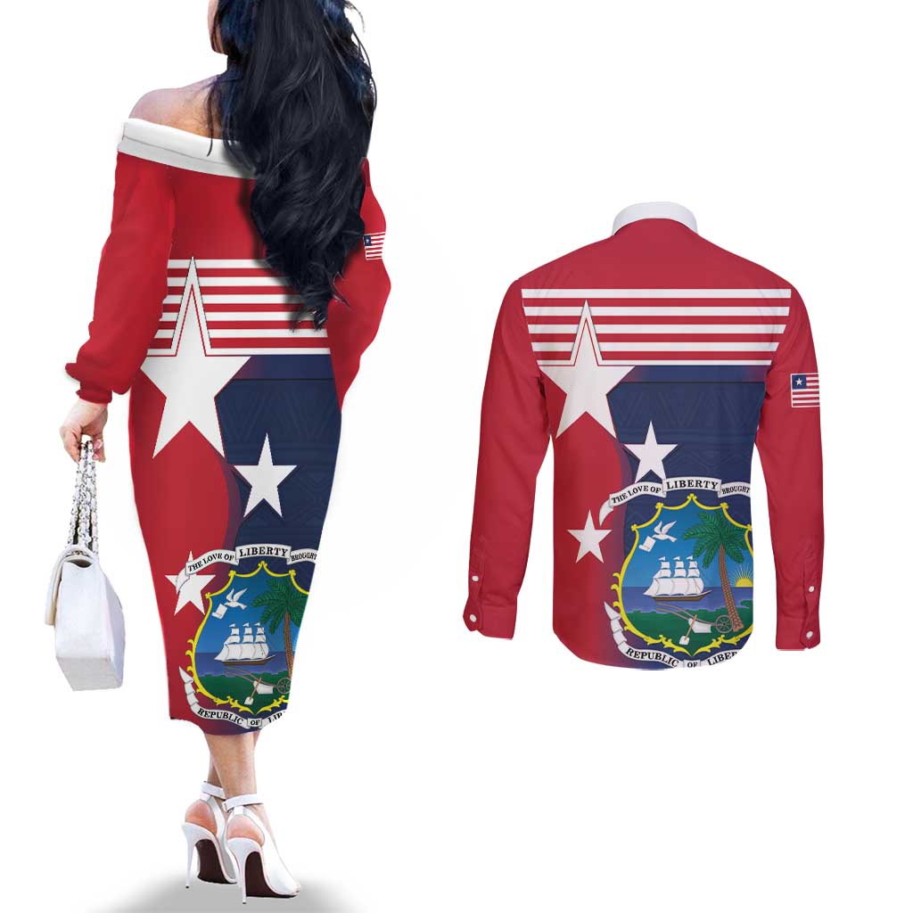 Liberia National Flag Day Couples Matching Off The Shoulder Long Sleeve Dress and Long Sleeve Button Shirt All Hail Liberia Hail