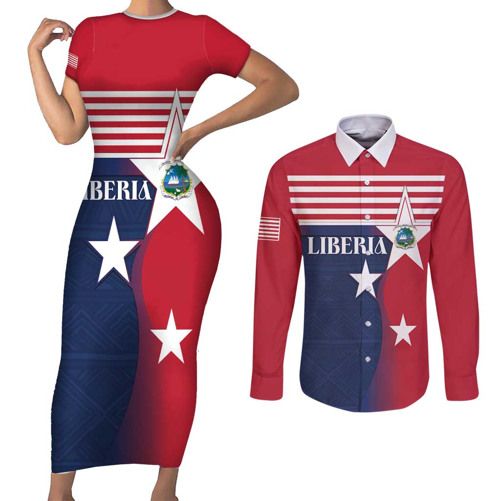 Liberia National Flag Day Couples Matching Short Sleeve Bodycon Dress and Long Sleeve Button Shirt All Hail Liberia Hail