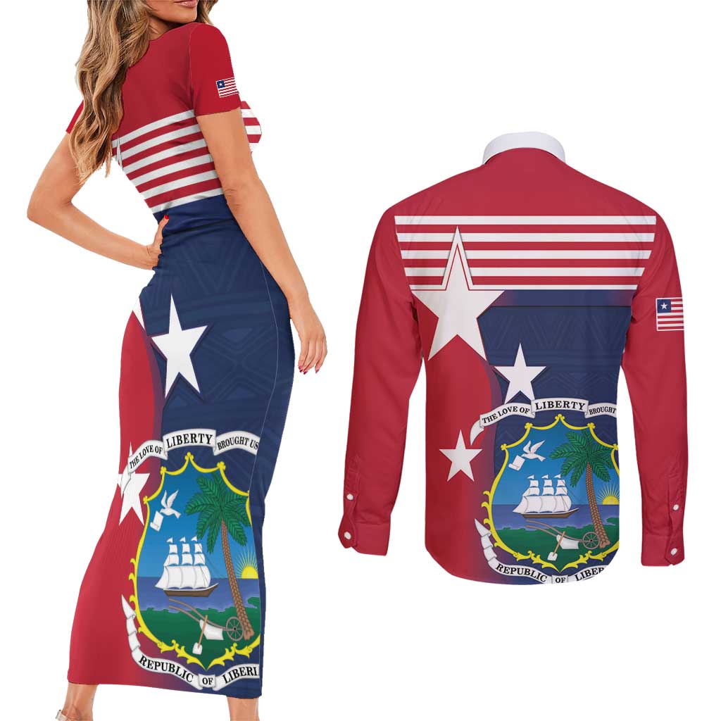 Liberia National Flag Day Couples Matching Short Sleeve Bodycon Dress and Long Sleeve Button Shirt All Hail Liberia Hail