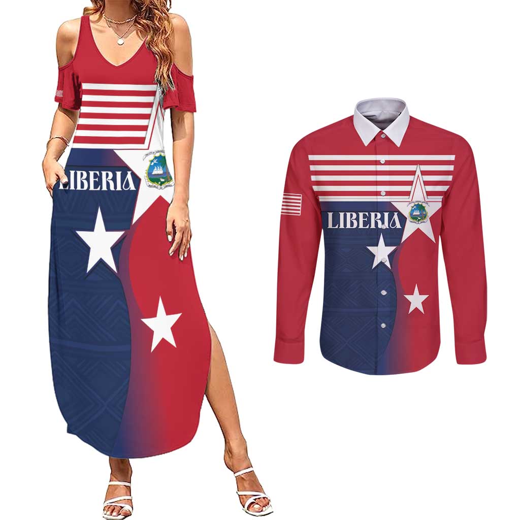Liberia National Flag Day Couples Matching Summer Maxi Dress and Long Sleeve Button Shirt All Hail Liberia Hail