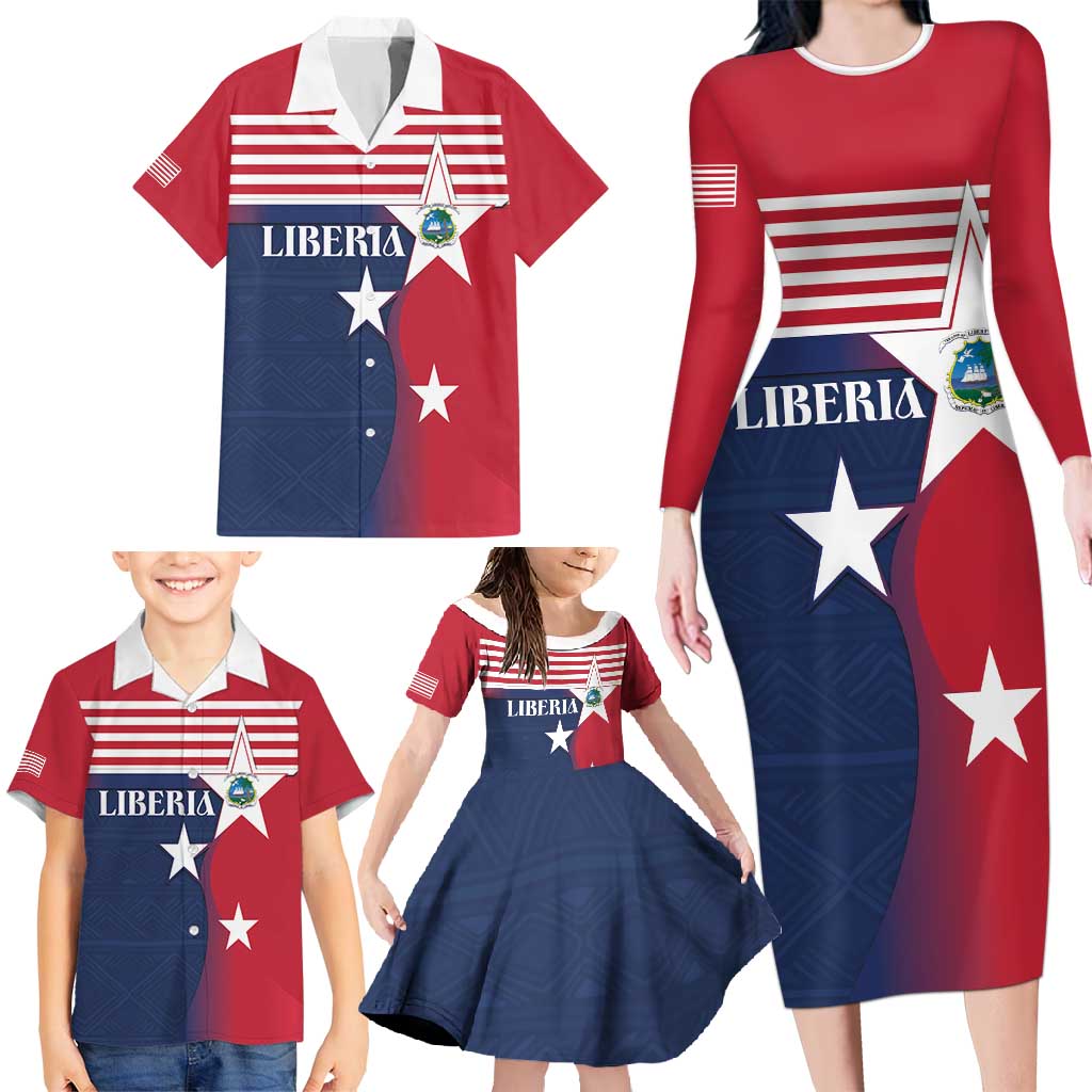 Liberia National Flag Day Family Matching Long Sleeve Bodycon Dress and Hawaiian Shirt All Hail Liberia Hail