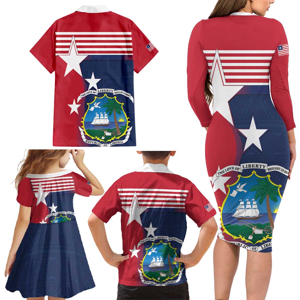 Liberia National Flag Day Family Matching Long Sleeve Bodycon Dress and Hawaiian Shirt All Hail Liberia Hail