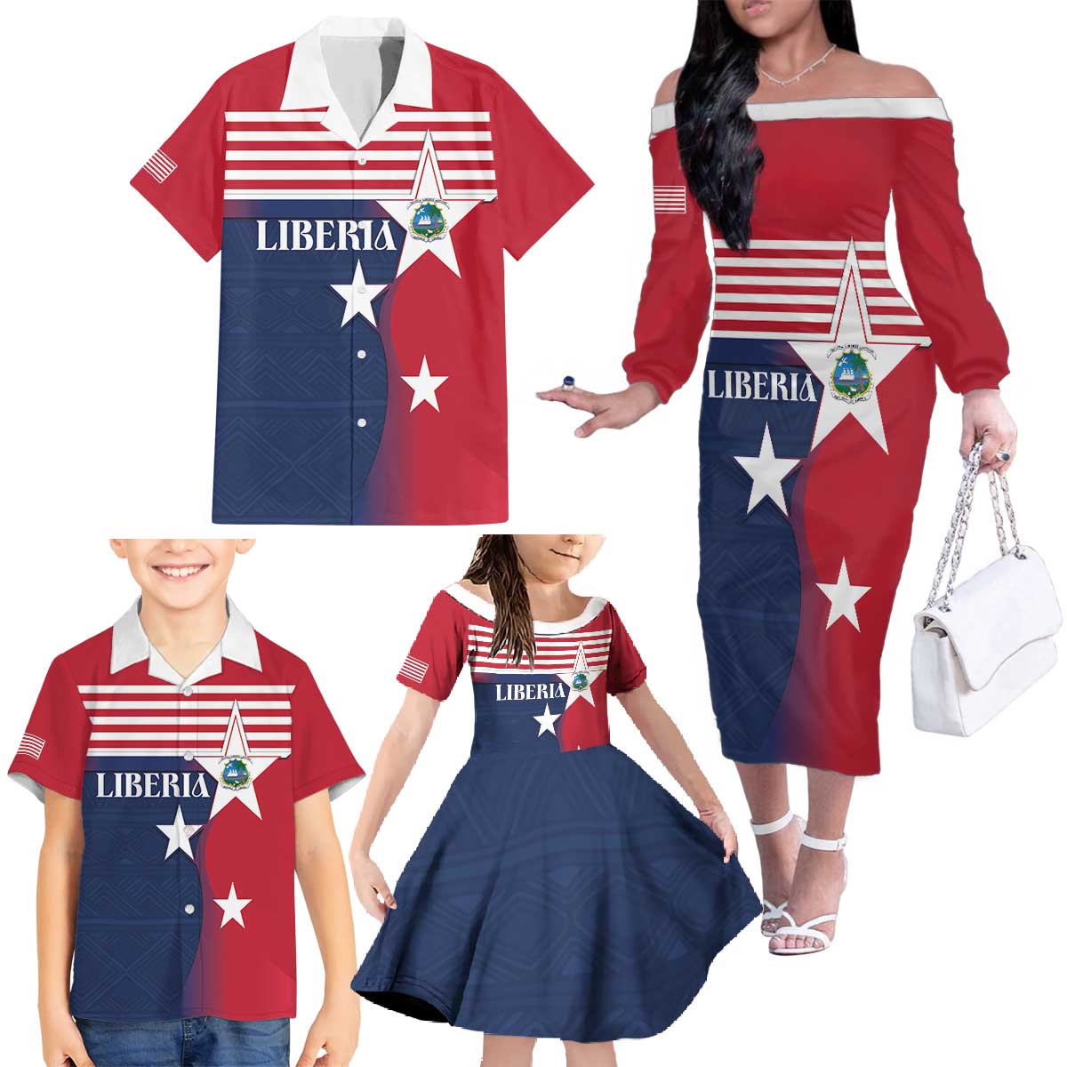 Liberia National Flag Day Family Matching Off The Shoulder Long Sleeve Dress and Hawaiian Shirt All Hail Liberia Hail