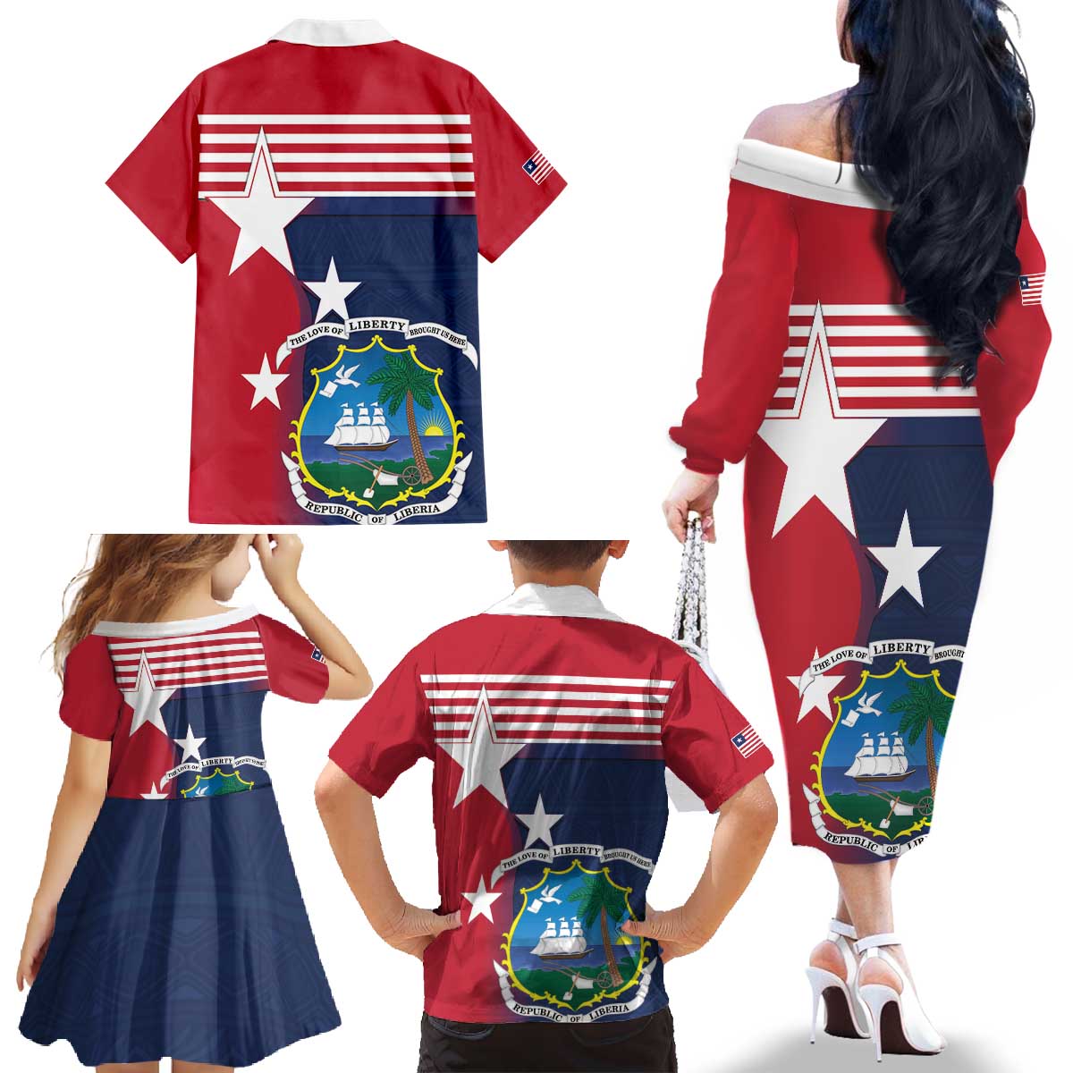 Liberia National Flag Day Family Matching Off The Shoulder Long Sleeve Dress and Hawaiian Shirt All Hail Liberia Hail