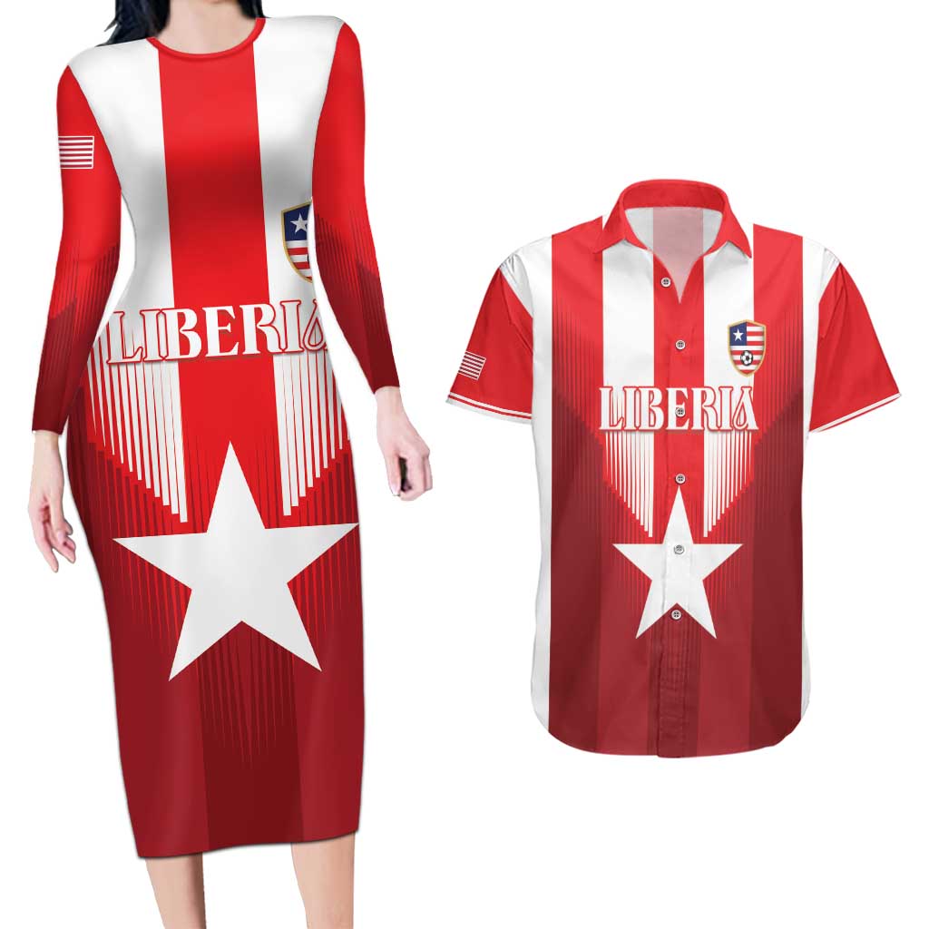 Custom Liberia Football Couples Matching Long Sleeve Bodycon Dress and Hawaiian Shirt Lone Stars Go Champion