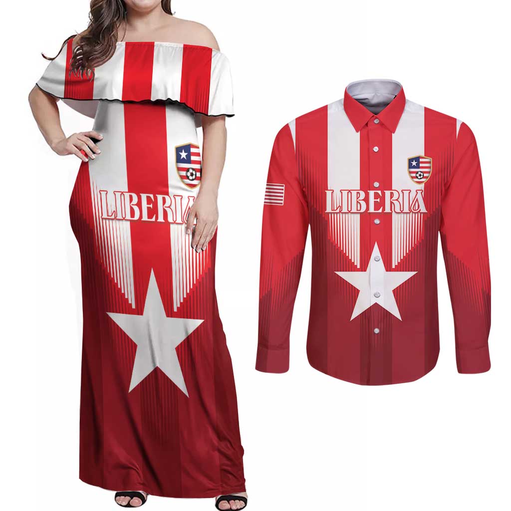Custom Liberia Football Couples Matching Off Shoulder Maxi Dress and Long Sleeve Button Shirt Lone Stars Go Champion