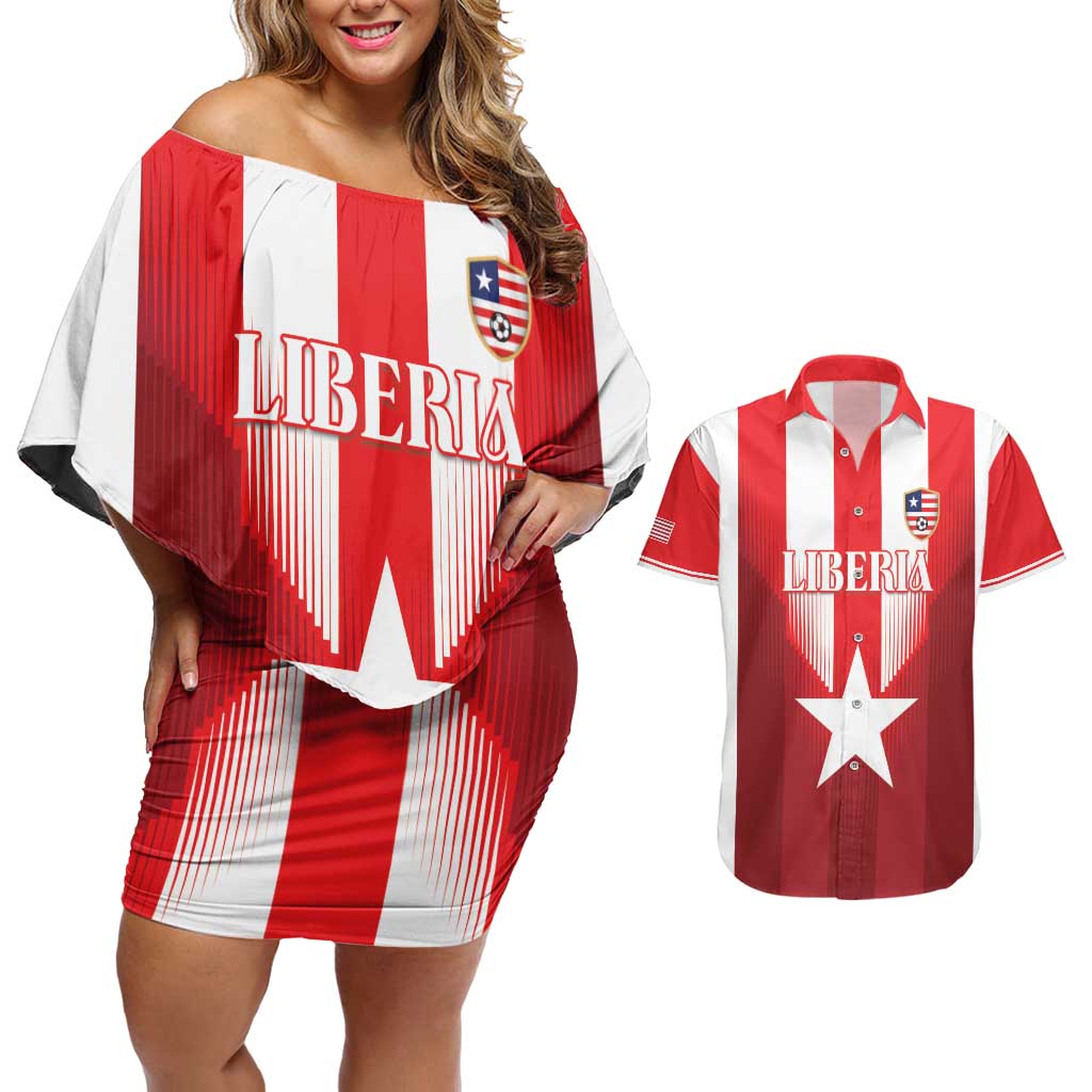 Custom Liberia Football Couples Matching Off Shoulder Short Dress and Hawaiian Shirt Lone Stars Go Champion
