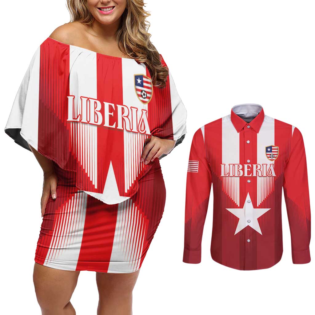 Custom Liberia Football Couples Matching Off Shoulder Short Dress and Long Sleeve Button Shirt Lone Stars Go Champion