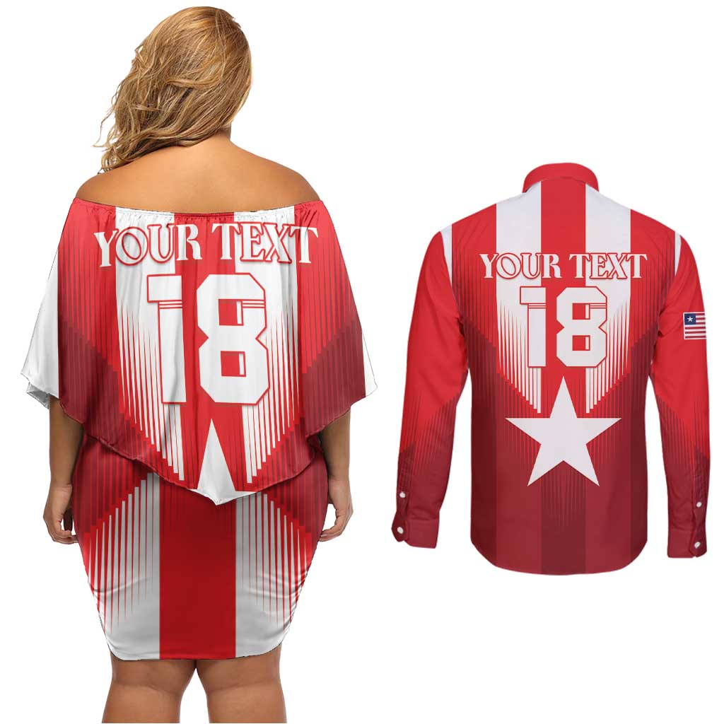 Custom Liberia Football Couples Matching Off Shoulder Short Dress and Long Sleeve Button Shirt Lone Stars Go Champion