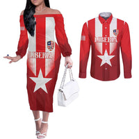 Custom Liberia Football Couples Matching Off The Shoulder Long Sleeve Dress and Long Sleeve Button Shirt Lone Stars Go Champion
