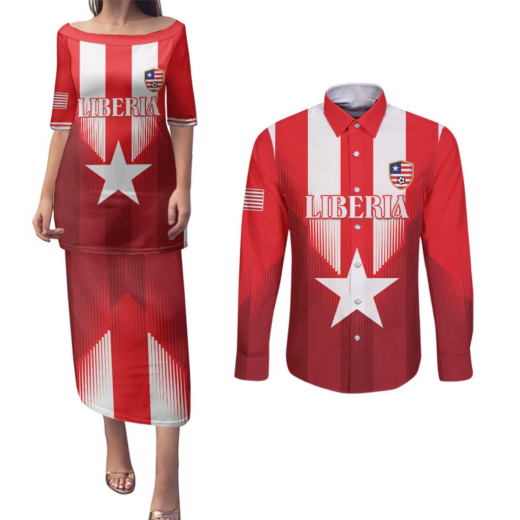 Custom Liberia Football Couples Matching Puletasi and Long Sleeve Button Shirt Lone Stars Go Champion