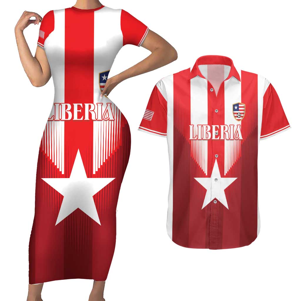 Custom Liberia Football Couples Matching Short Sleeve Bodycon Dress and Hawaiian Shirt Lone Stars Go Champion