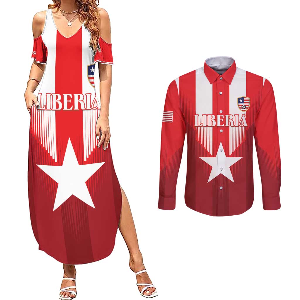 Custom Liberia Football Couples Matching Summer Maxi Dress and Long Sleeve Button Shirt Lone Stars Go Champion