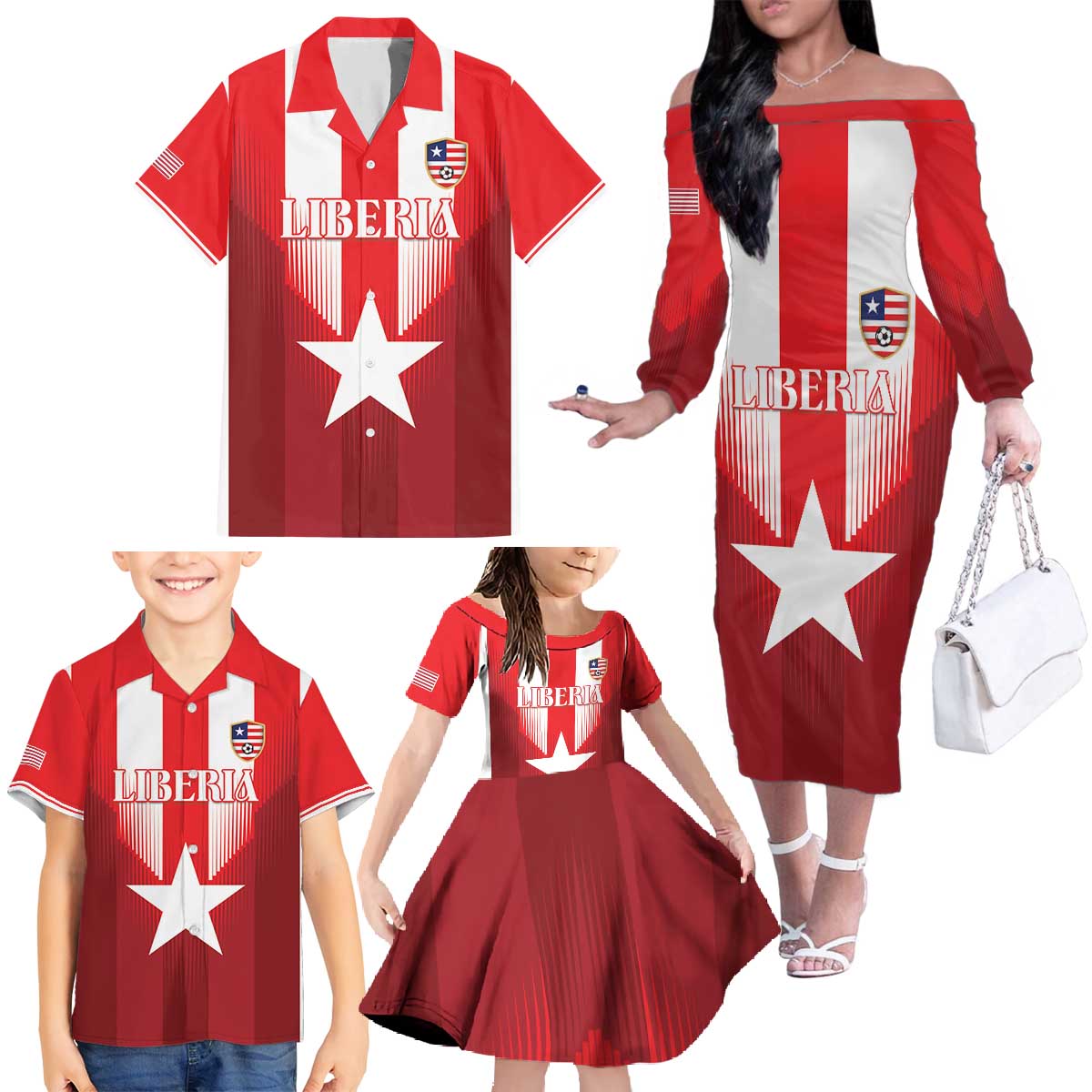 Custom Liberia Football Family Matching Off The Shoulder Long Sleeve Dress and Hawaiian Shirt Lone Stars Go Champion
