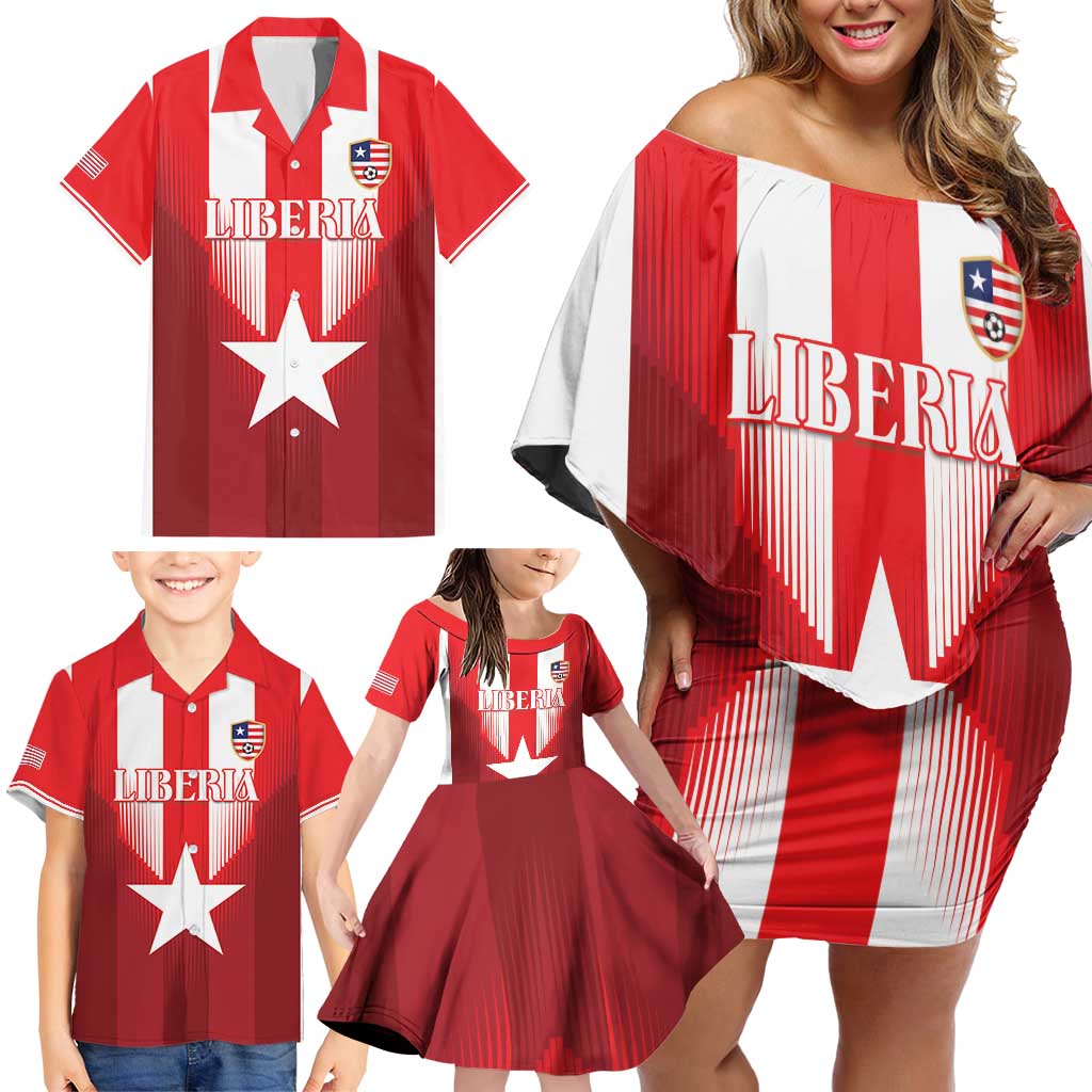 Custom Liberia Football Family Matching Off Shoulder Short Dress and Hawaiian Shirt Lone Stars Go Champion