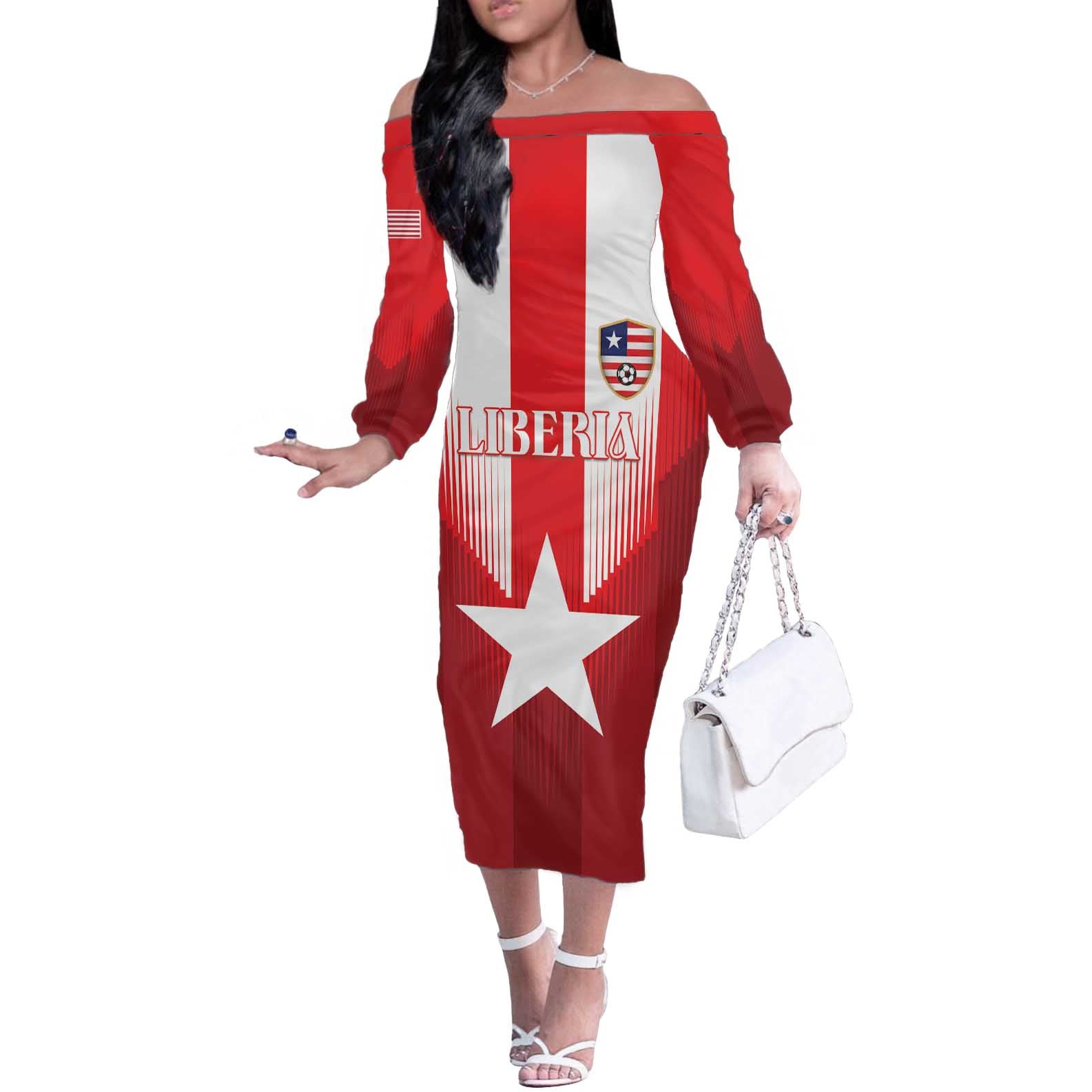 Custom Liberia Football Off The Shoulder Long Sleeve Dress Lone Stars Go Champion