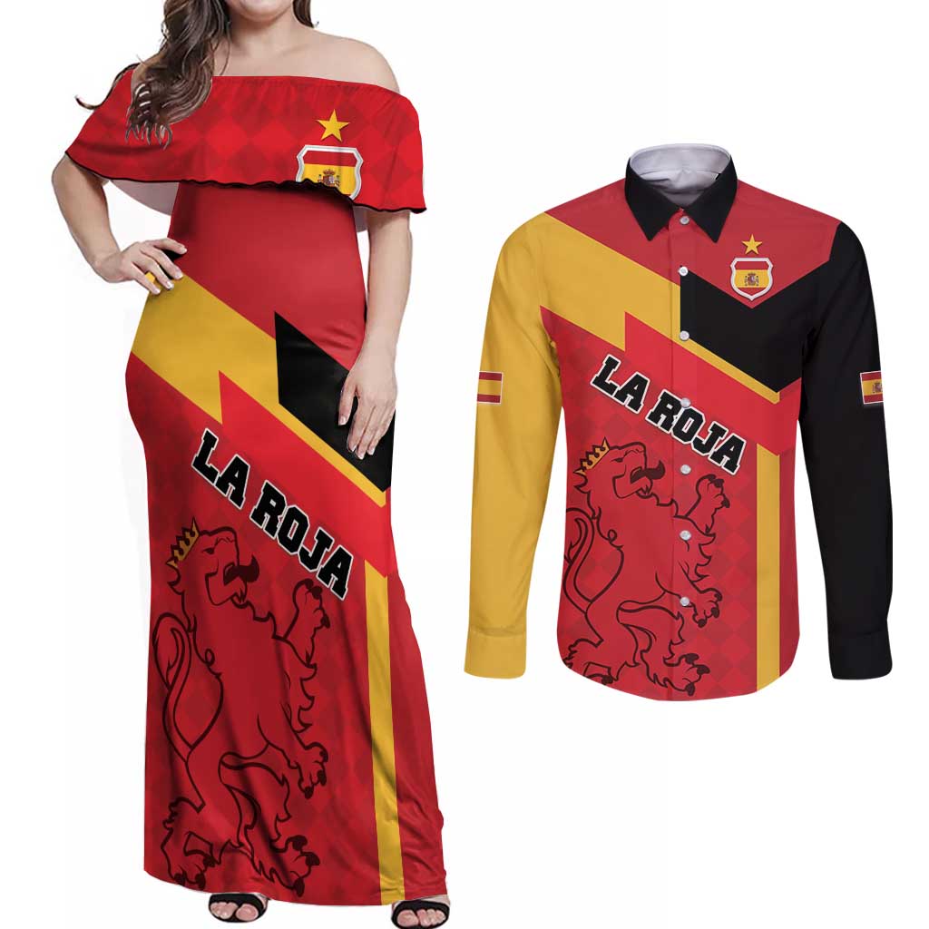 Custom Spain Football Couples Matching Off Shoulder Maxi Dress and Long Sleeve Button Shirt La Roja Go Champion - Wonder Print Shop
