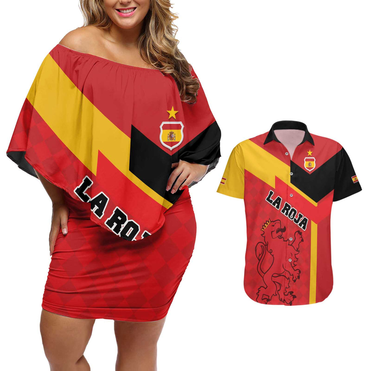 Custom Spain Football Couples Matching Off Shoulder Short Dress and Hawaiian Shirt La Roja Go Champion - Wonder Print Shop
