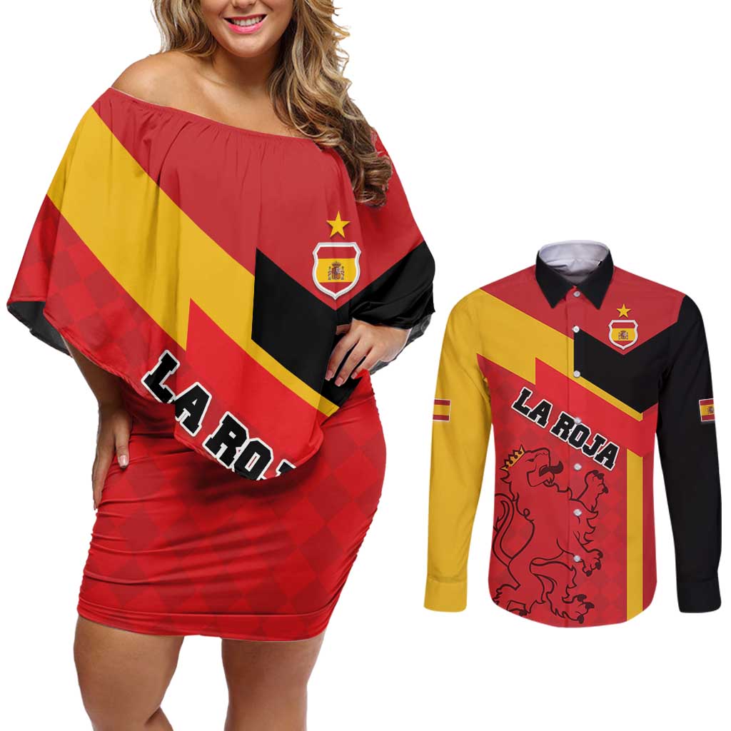 Custom Spain Football Couples Matching Off Shoulder Short Dress and Long Sleeve Button Shirt La Roja Go Champion - Wonder Print Shop