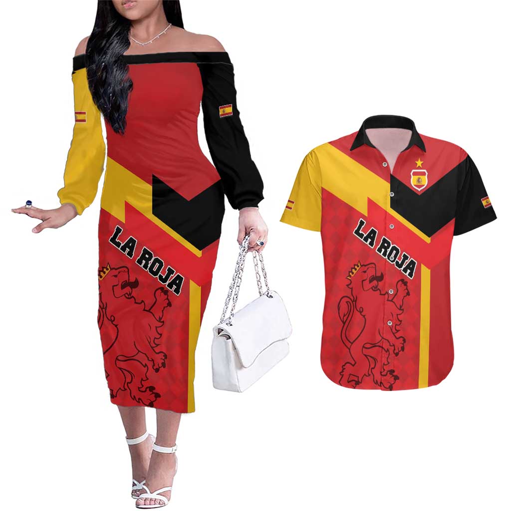 Custom Spain Football Couples Matching Off The Shoulder Long Sleeve Dress and Hawaiian Shirt La Roja Go Champion - Wonder Print Shop