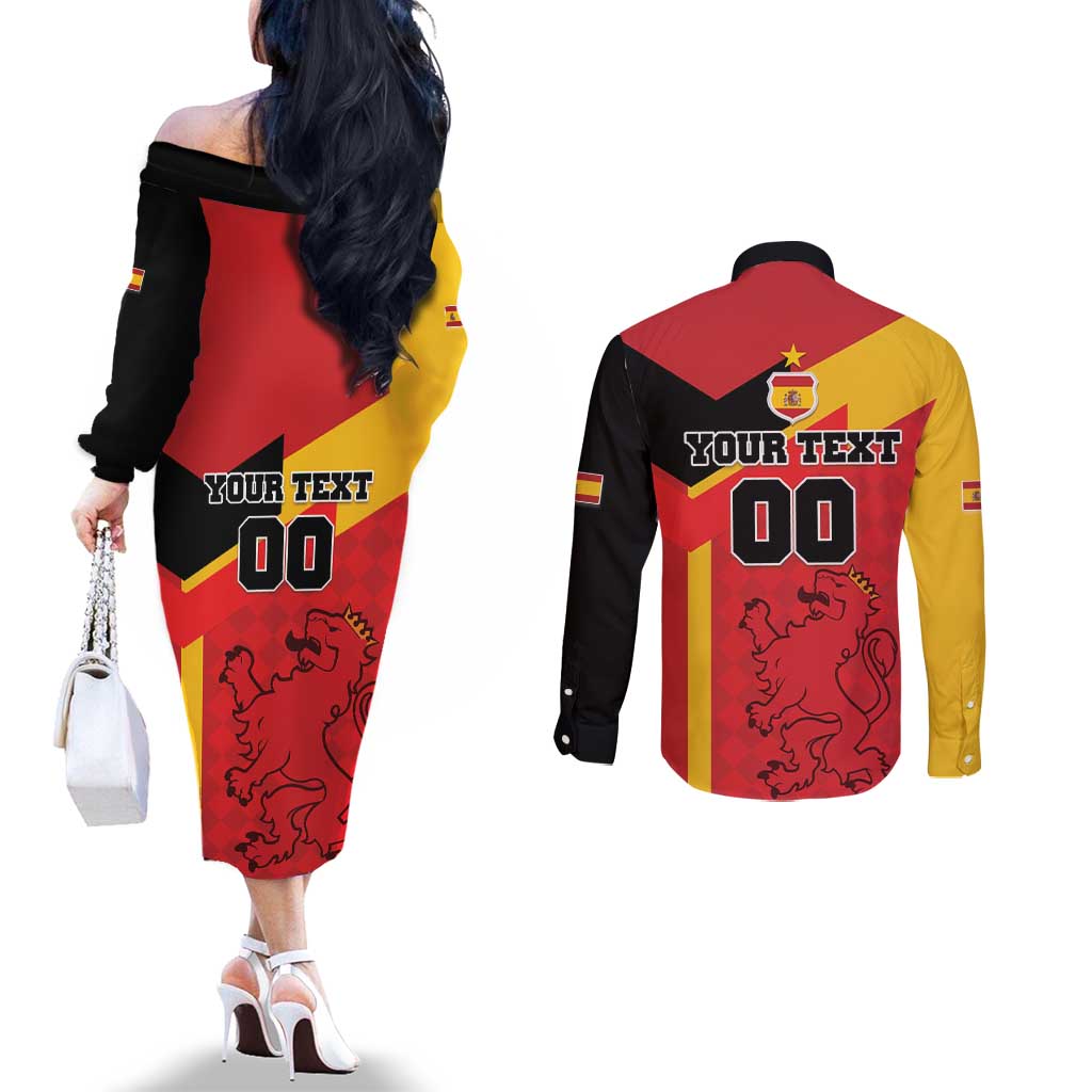Custom Spain Football Couples Matching Off The Shoulder Long Sleeve Dress and Long Sleeve Button Shirt La Roja Go Champoin