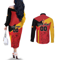 Custom Spain Football Couples Matching Off The Shoulder Long Sleeve Dress and Long Sleeve Button Shirt La Roja Go Champoin
