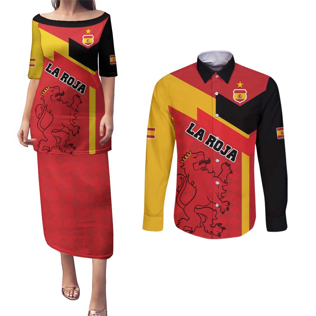 Custom Spain Football Couples Matching Puletasi and Long Sleeve Button Shirt La Roja Go Champion - Wonder Print Shop