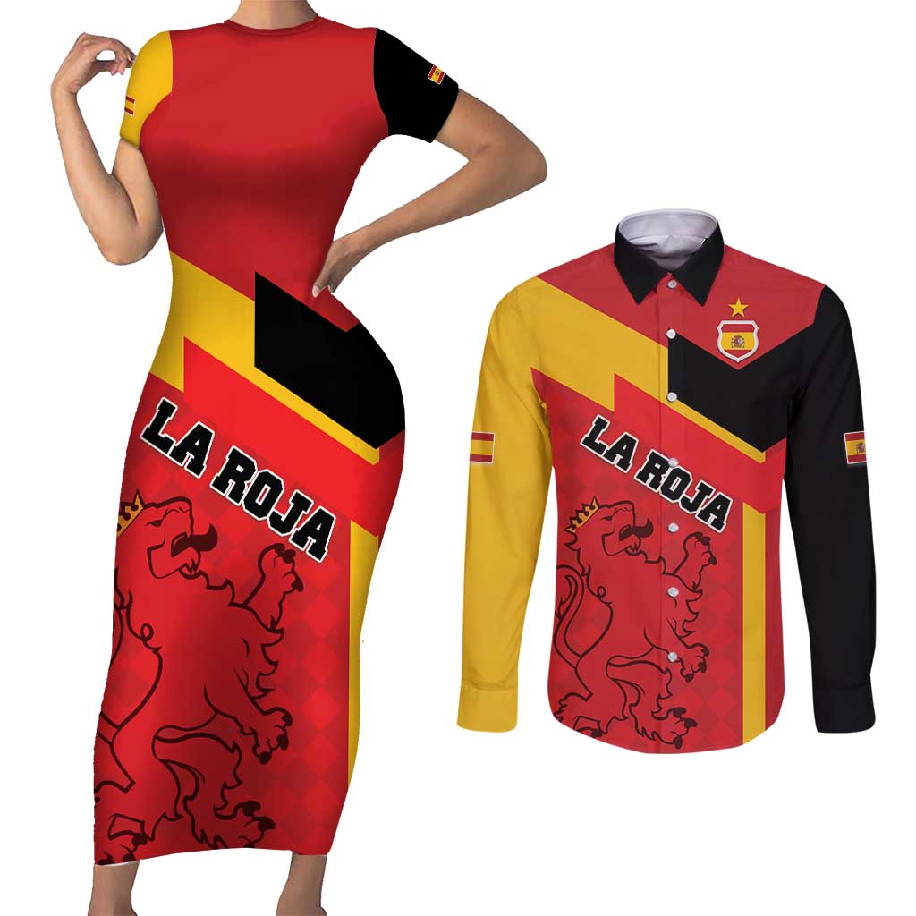 Custom Spain Football Couples Matching Short Sleeve Bodycon Dress and Long Sleeve Button Shirt La Roja Go Champion - Wonder Print Shop