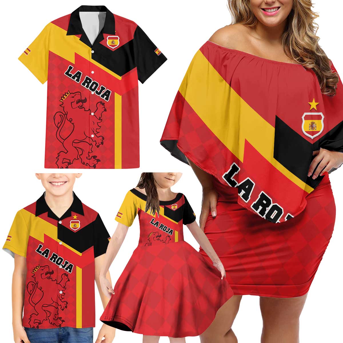 Custom Spain Football Family Matching Off Shoulder Short Dress and Hawaiian Shirt La Roja Go Champion - Wonder Print Shop