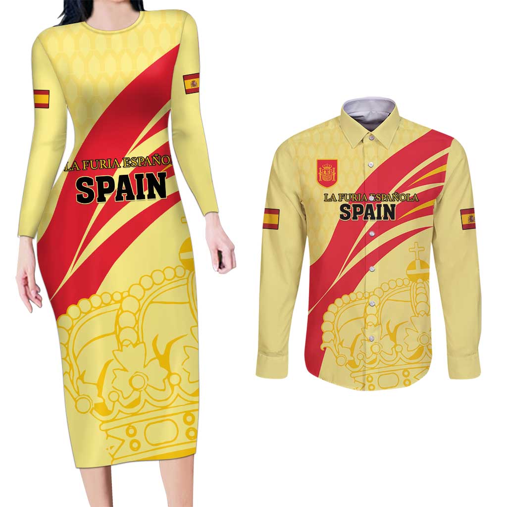 Custom Spain Football Couples Matching Long Sleeve Bodycon Dress and Long Sleeve Button Shirt Sport Style - Wonder Print Shop