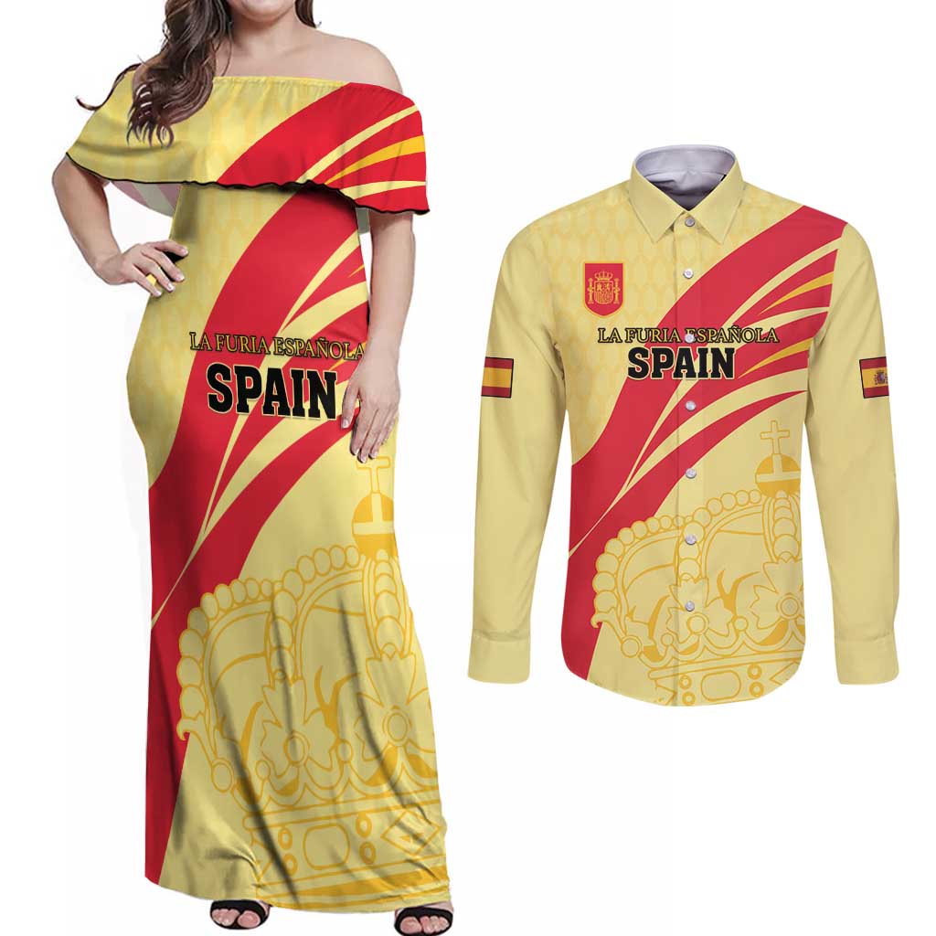 Custom Spain Football Couples Matching Off Shoulder Maxi Dress and Long Sleeve Button Shirt Sport Style - Wonder Print Shop