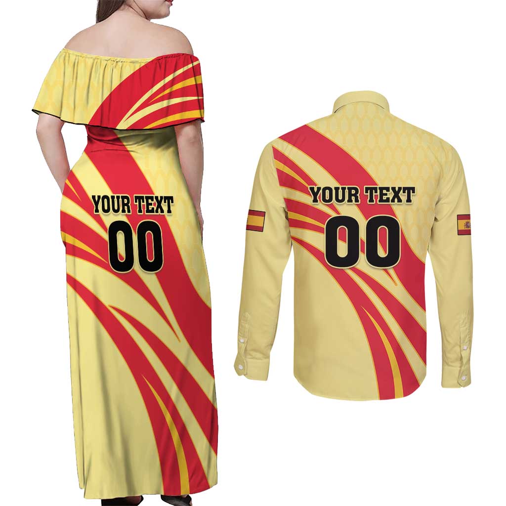 Custom Spain Football Couples Matching Off Shoulder Maxi Dress and Long Sleeve Button Shirt Sport Style - Wonder Print Shop
