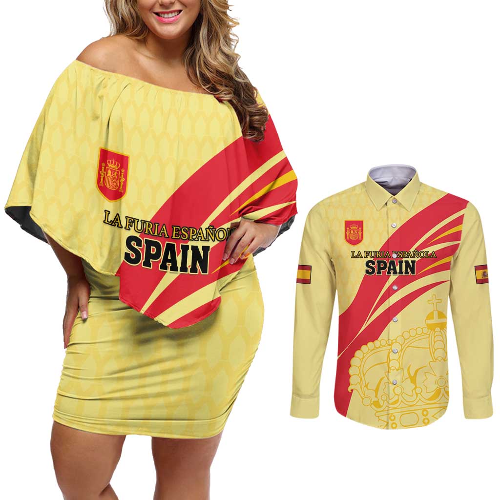 Custom Spain Football Couples Matching Off Shoulder Short Dress and Long Sleeve Button Shirt Sport Style - Wonder Print Shop