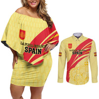 Custom Spain Football Couples Matching Off Shoulder Short Dress and Long Sleeve Button Shirt Sport Style - Wonder Print Shop