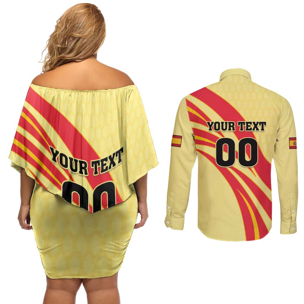 Custom Spain Football Couples Matching Off Shoulder Short Dress and Long Sleeve Button Shirt Sport Style - Wonder Print Shop