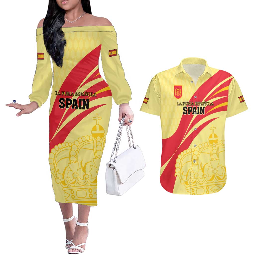 Custom Spain Football Couples Matching Off The Shoulder Long Sleeve Dress and Hawaiian Shirt Sport Style - Wonder Print Shop