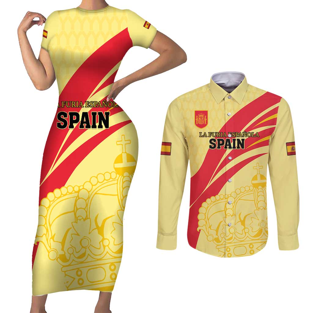 Custom Spain Football Couples Matching Short Sleeve Bodycon Dress and Long Sleeve Button Shirt Sport Style - Wonder Print Shop